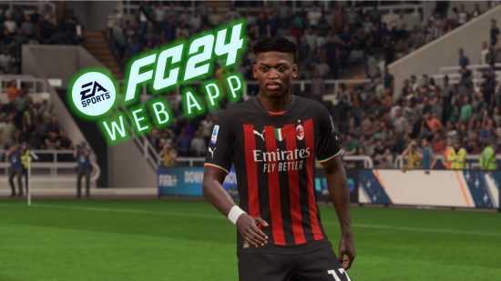 FC 24 Web App release date: Rafael Leao in a red and black AC Milan kit, with the logo for the FC 24 Web App in the background