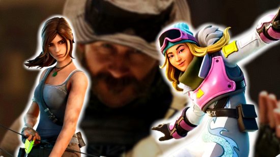 Fortnite leaks Call of Duty collab December 2023: an image of Lara Croft, Chloe Kim, with Captain Price from MW2