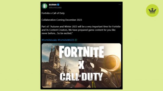 Fortnite leaks Call of Duty collab December 2023: an image of the tweet showing the leak