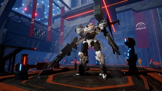 Games like Armored Core: A black and white mech holding a large gun