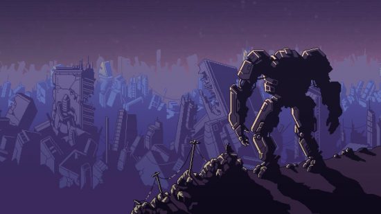 Games like Armored Core: A silhouetted mech stares out over a destroyed city
