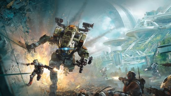 Games like Armored Core: Key art from titanfall 2 showing a mech wallrunning with an explosion behind it 