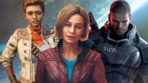Games like Starfield: Set against the backdrop of a huge planet is three iconic characters from space games - The Outer Worlds' Pavrati in a white coat and orange neck tie, Starfield's Sarah Morgan in a burgundy leather jacket, and Mass Effect's Shepard in all-black armored space suit