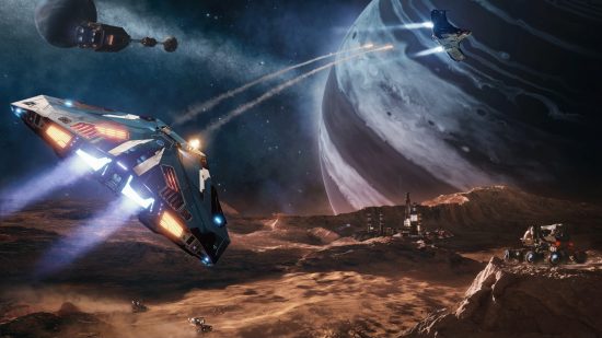 Games like Starfield: Key art from Elite Dangerous, showing a spaceship flying low over a rocky planet with a larger gas giant planet in the background