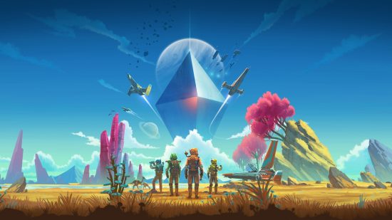 Games like Starfield: Key art from No Mans Sky, showing a group of people in spacesuits on a colourful planet with a large prism-like object in the sky