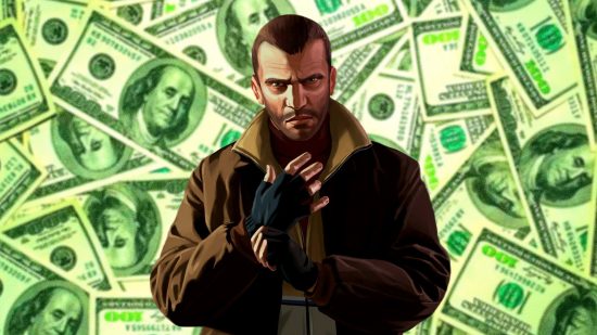 GTA 4 Xbox sale July: an image of Niko in front of some money