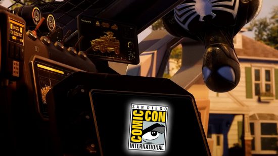 Marvel's Spider-Man 2 SDCC: an image of the San Diego Comic Con logo on a jeep with Spider-Man looking at it
