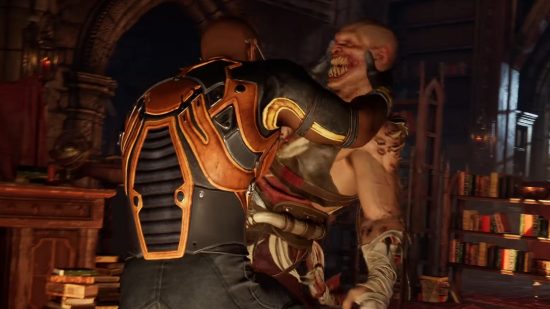 Mortal Kombat 1 Kameo Fighters: Darrius performing an attack on Baraka in Mortal Kombat 1