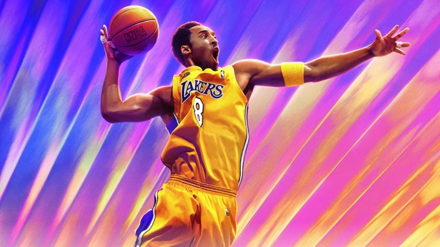 NBA 2K24: key art showing Kobe Bryant in a yellow Lakers jersey dunking a basketball
