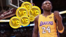 NBA 2K24 monetization: A shot of Kobe Bryant in a yellow Lakers jersey, pumping his fist. Several gold coins representing 2K24's VC currency are in the background