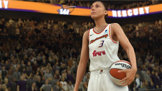 NBA 2K24 monetization: A female basketball player in a white jersey holds the ball to her hip