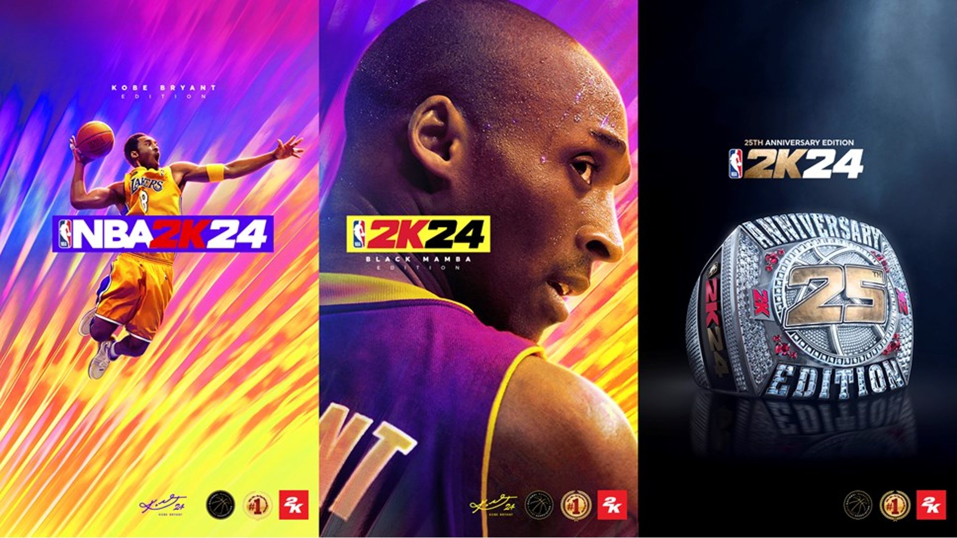 NBA 2K24 Release Date: The base cover, Black Mamba edition cover, and 25th Anniversary cover of NBA 2k24 can be seen