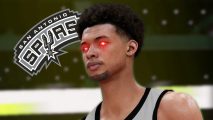 NBA 2K24 Wembenyama: An in-game screenshot of Wembenyema, but with glowing red eyes. The Spurs logo is behind him