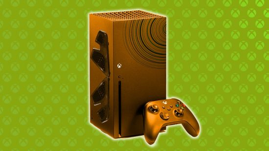 Next gen Xbox release date: Artists rendition of a next gen Xbox based on the Series X model in front of a green background