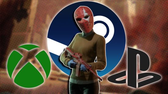 Payday 3 crossplay: A character wearing a red mask and holding a red rifle, looking towards the camera. From left to right, an Xbox logo, Steam logo, and PlayStation logo are around the character.