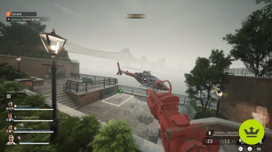 Payday 3 crossplay: Gameplay of a player aiming at a helicopter with players on other systems.