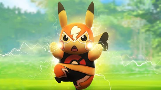 Pokemon Go Type Diagramm: Ein Pikachu in einem mexikanischen Wrestler -Kostüm, das einen elektrischen Angriff auflädt