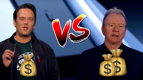 PS5 Slim rumor price: an image of Phil Spencer and Jim Ryan in a money battle
