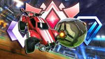 Rocket League ranks: A red car hitting the ball, with a red, purple, and blue ranked icon tucked behind the car and ball.