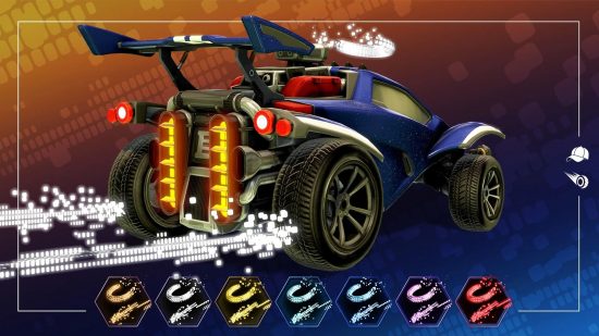 Rocket League ranks: A pink car with various trail icons showcasing the ranked rewards.