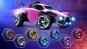 Rocket League ranks: A pink car with various wheel icons showcasing the ranked rewards.