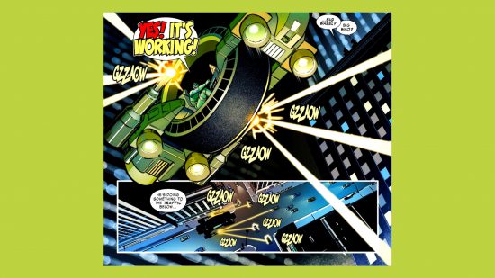 Spider-Man 2 Big Wheel cameo: a comic panel from an Iron Man comic showing the villain