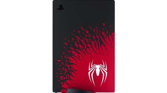 Spider-Man 2 PS5 pre-orders: Spider-Man 2 PS5 console from the side with red and black