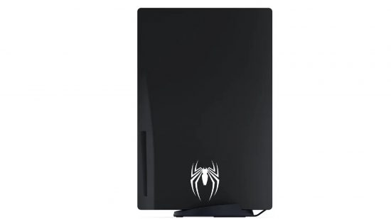 Spider-Man 2 PS5 pre-orders: Spider-Man 2 PS5 from the side with pure black and a white Spider logo