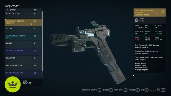 Starfield legendaries: A legendary pistol in the inventory screen.