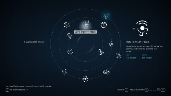 Starfield powers: The Anti-Gravity Field ability in the powers menu.
