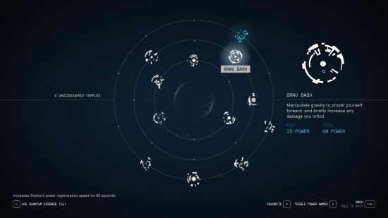 Starfield powers: The Grav Dash ability in the powers screen.