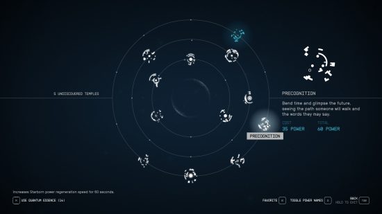 Starfield powers: The Precognition ability in the powers menu.