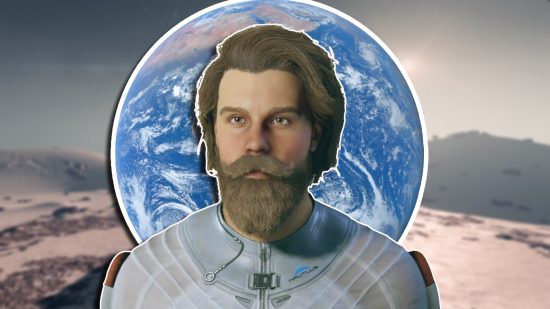 What happened to Earth in Starfield: A masculine character looking to the side, with the Earth directly behind him.