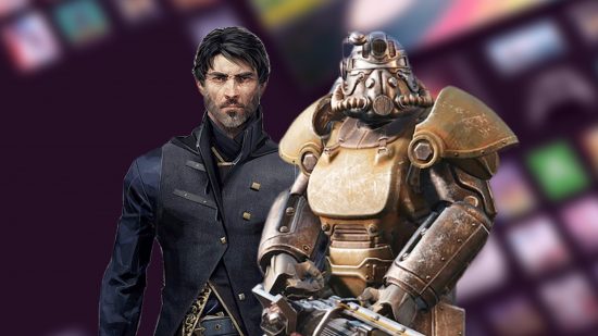 Xbox Game Pass core games: Corvo and man in Power Armor next to each other in front of Xbox Game Pass image