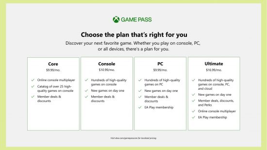 Xbox Game Pass Core Price tiers: an image of all the new tiers from Microsoft