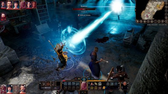 Baldur's Gate 3 best companions: A party gather together, with one character casting a large laser beam.