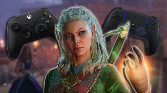 Baldur's Gate 3 controller support: Jaheira with her hand out, charging magic. An Xbox and PS5 controller are placed either side of her head.