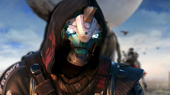 Destiny 2 live service changes The Final Shape: Cayde 6 looking at the camera. A blurred image of the Traveler is in the background.