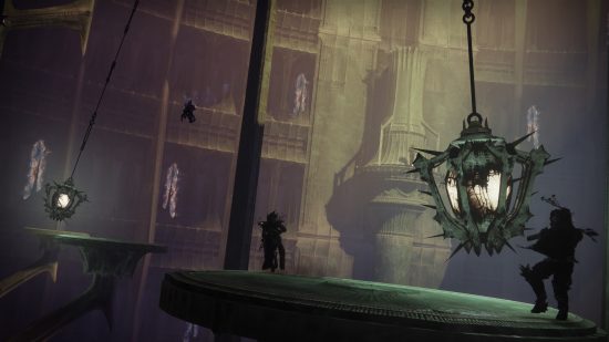Destiny 2 Savathun's Spire: A Guardian making their way through a platforming challenge, with a large ball on a chain swinging past.