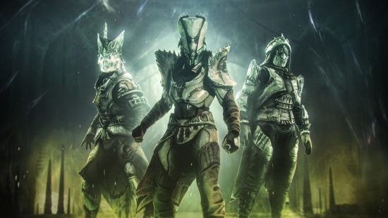 Destiny 2 Season of the Witch weapons: Three Guardians standing next to each other, covered in a green glow.
