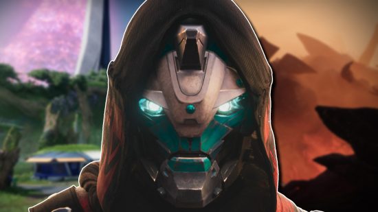 Destiny 2 The Final Shape Pale Heart DCV: Cayde-6 at the centre, with two images of different environments in the Pale Heart behind him.