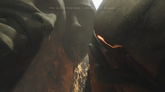 Destiny 2 The Final Shape: Massive sculpted heads looking into a crevice in the Pale Heart.