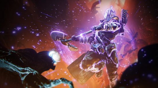 Destiny 2 The Final Shape super: The Titan super in action, with the character leaping into the air with a purple axe.