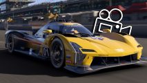 Forza Motorsport spectator mode: A yellow race car in motion. Behind it is a video camera icon.