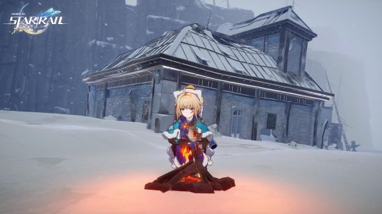 Honkai Star Rail 1.3 release date: Lynx sitting by a campfire in a snowy environment.