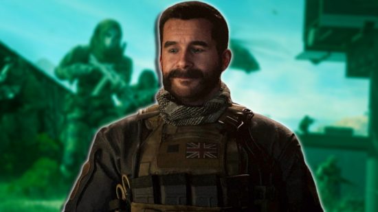 MW3 cast: Captain Price smiling looking towards the ground, set against a blurred background of gameplay.