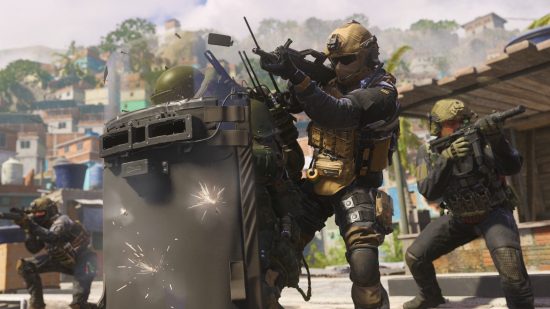 MW3 modes: A group of three soldiers firing, one holding a riot shield.
