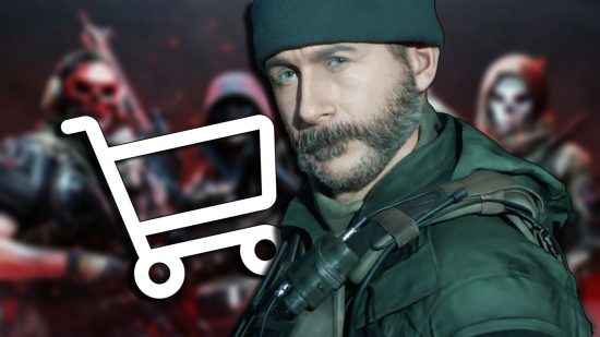 MW3 pre-order: Captain Price against a blurred background of characters from the game. A shopping cart icon is on the left, tucked behind Price.