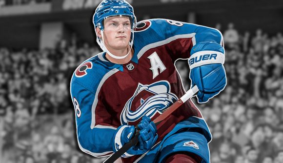 NHL 24 ratings: Cale Makar with his stick at the ready, against a black and white background.