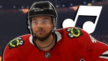 NHL 24 soundtrack: Seth Jones leaning forward and at the ready. A musical note icon is peaking out over his shoulder on the right.